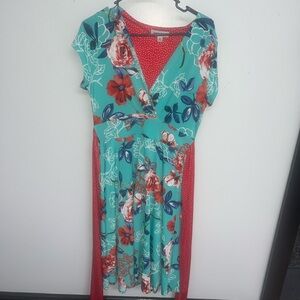 Shelby & Palmer Teal Floral Surplice Midi Dress with Red Panels